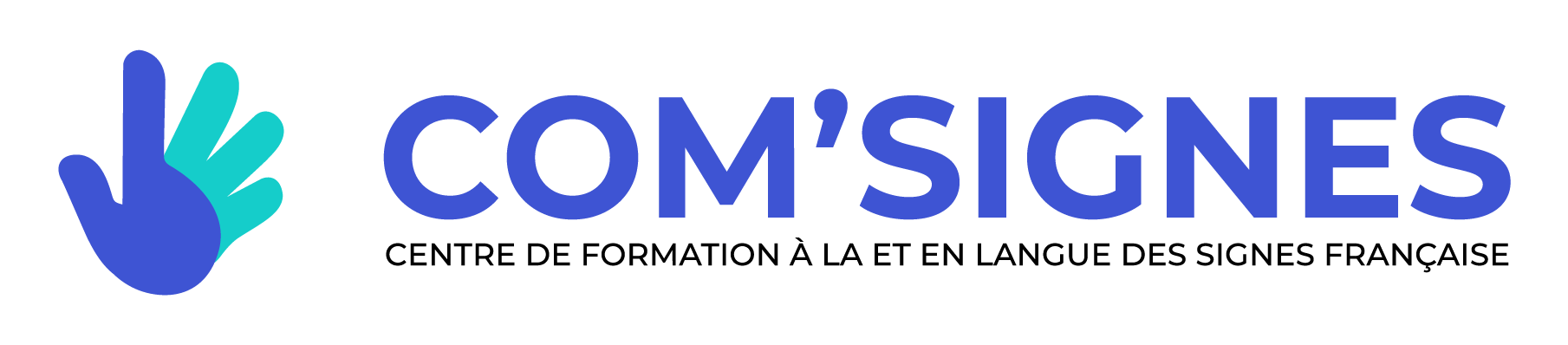 logo com'signes avec slogan centre de formation à la et en langue des signes française